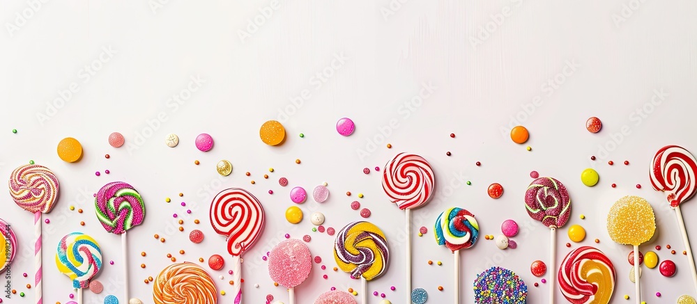 Poster an assortment of vibrant candies and lollipops set against a white backdrop providing ample copy spa