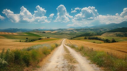  A dirt path weaves through a expansive wheat field Rolling hills distance themselves, cloud-studded sky overhead
