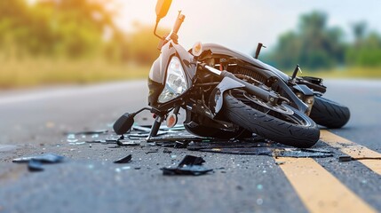 A broken motorcycle lies on an asphalt road. Bike after an accident. Horizontal format.