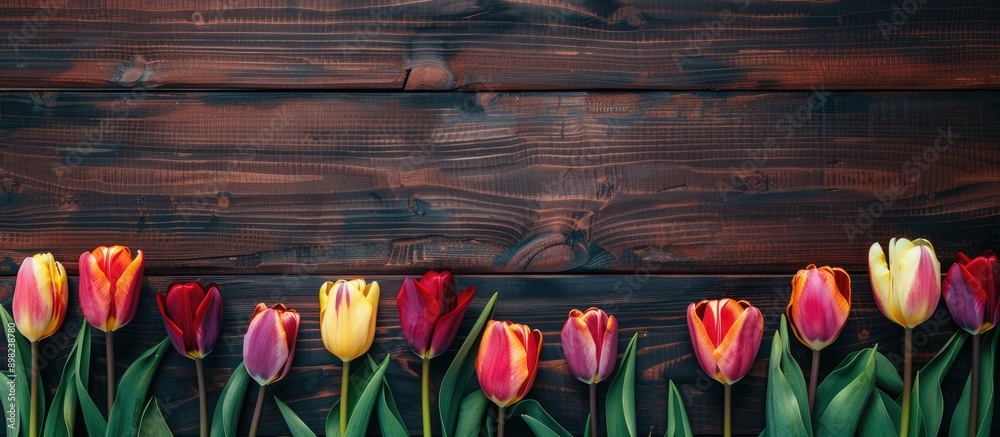 Leinwandbilder Top view of colorful tulips on a dark wooden surface offering a space for text within the image. Creative banner. Copyspace image