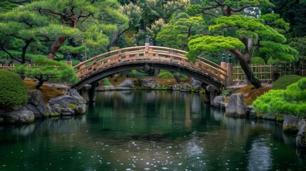  A bridge spanning over a body of water, surrounded by trees and foreground rocks