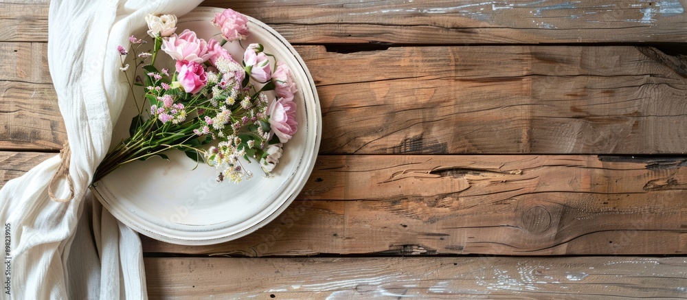 Poster bouquet on wooden table next to ceramic plates creates a charming scene in the copy space image