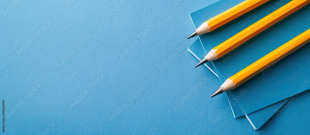 Poster aerial view of yellow pencils and blank paper against a blue backdrop with copy space image