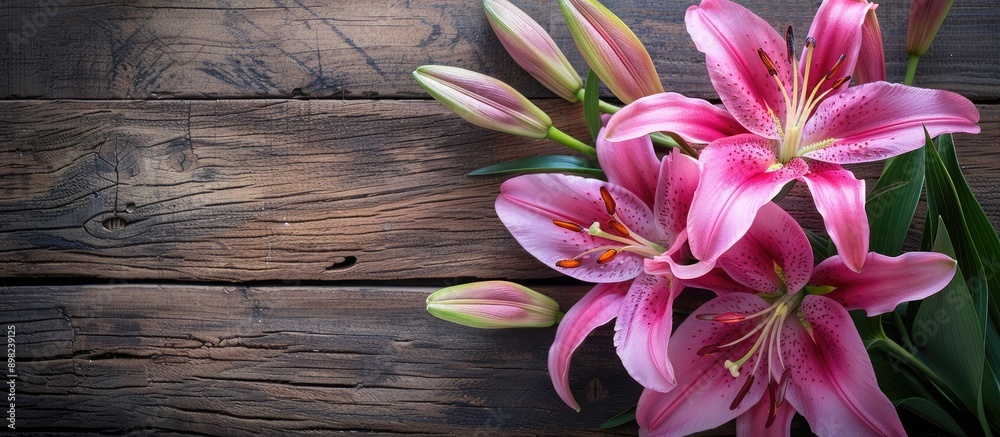 Poster close up of lily flowers on a wooden background with copy space image