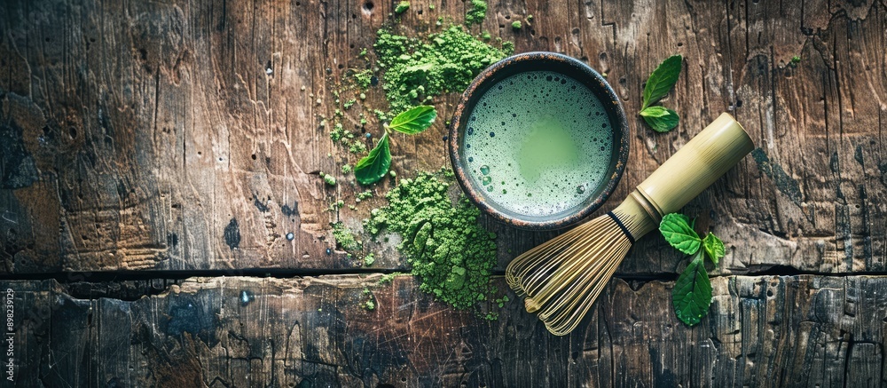 Poster top down view of a fresh matcha tea cup with a bamboo whisk and green powder on a wooden surface pro