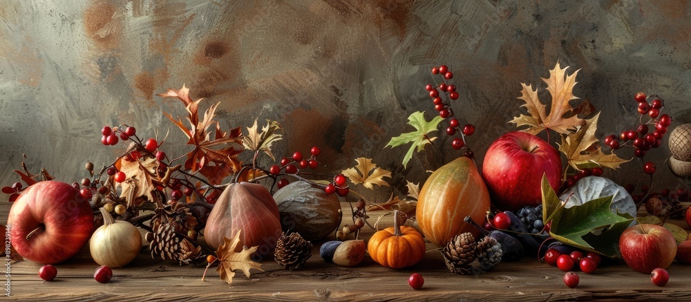 Poster Autumn themed still life with seasonal ingredients beautifully arranged in a frame creating a captivating image with copy space