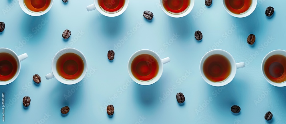 Poster a flat lay arrangement with cups of fragrant black tea on a light blue backdrop providing space for 