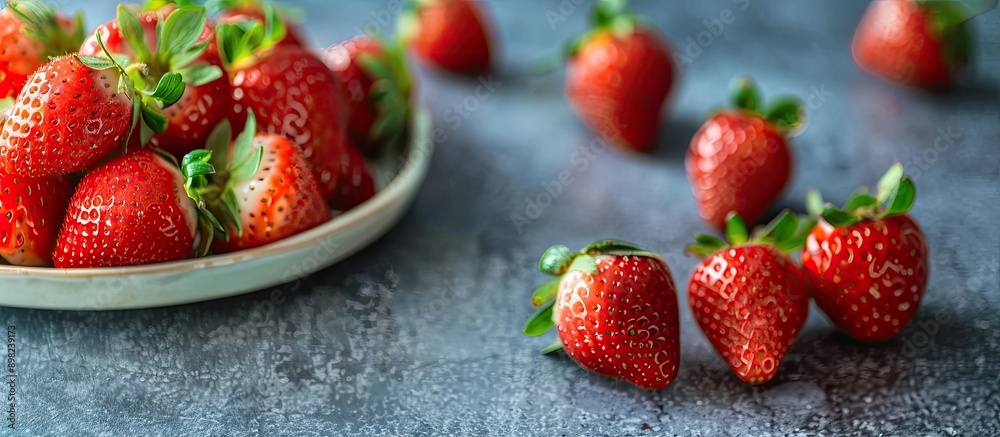 Poster close up of ripe strawberries on a plate with available copy space image