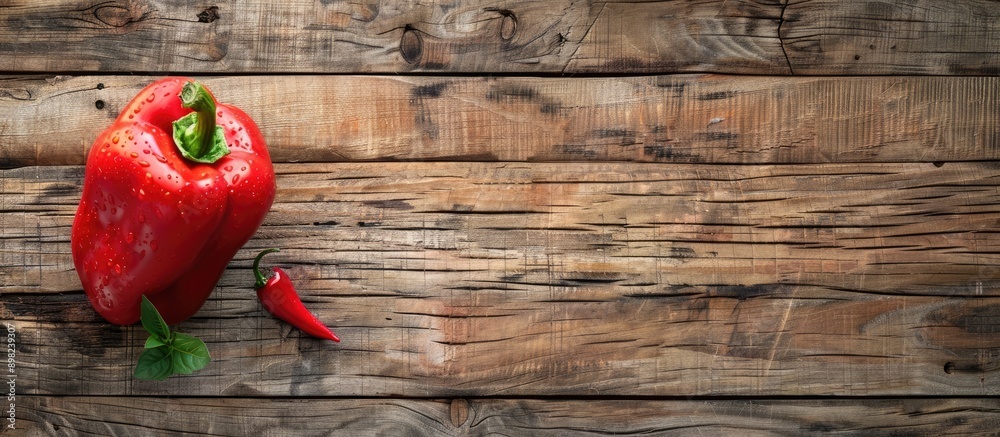 Poster top view of a bulgarian pepper and paprika on a wooden surface with ample copy space image available