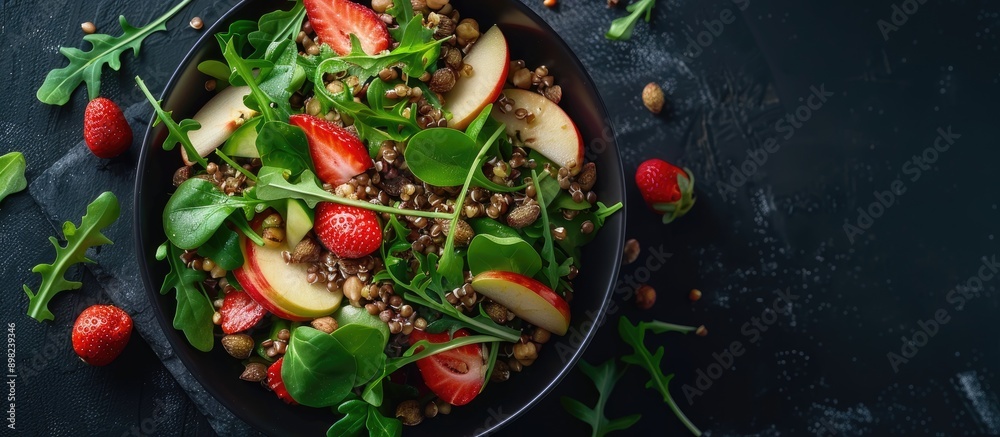 Aufkleber apple salad with strawberries buckwheat and greens in a black bowl on a dark granite surface with co