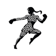 Naklejka premium Boxing, Kickboxing female player in celtic knot pattern illustration, emblem shield badge