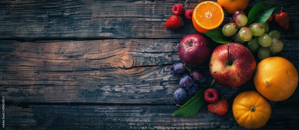 Poster assortment of fruits displayed on a vintage wooden surface with ample copy space image