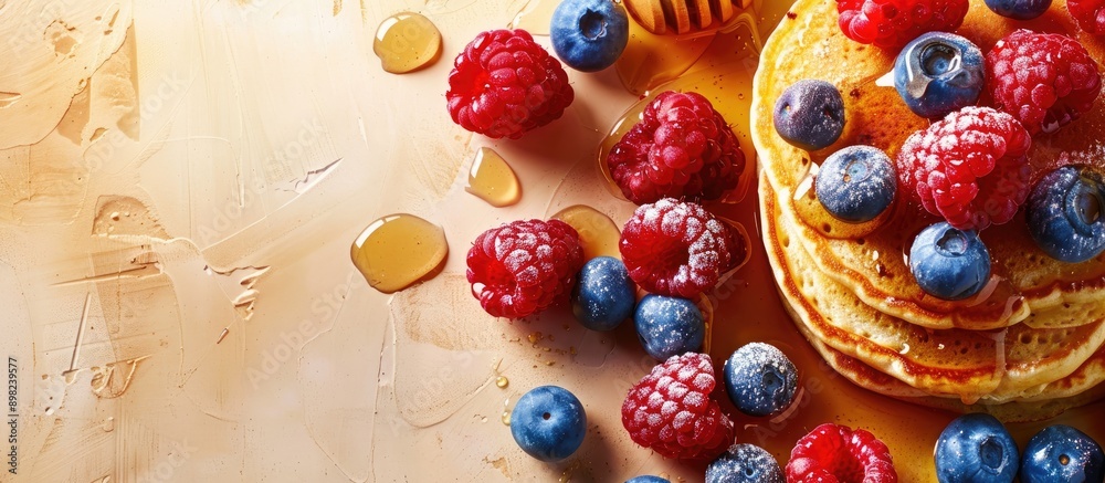 Poster delicious american pancakes adorned with raspberries blueberries and honey embodying a breakfast the