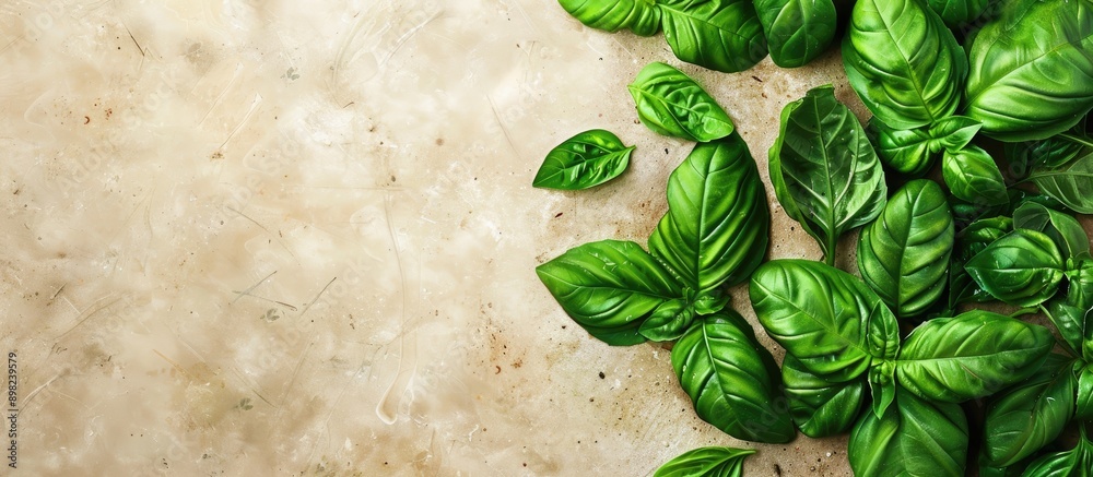 Aufkleber Top view of basil a green herb used in cooking on a food background with space for text or images. Creative banner. Copyspace image