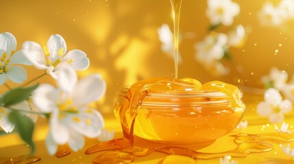Honey in a glass jar on a yellow background with white blossoms