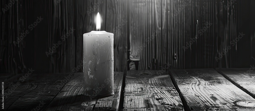 Aufkleber Black and white image of a burning candle on a wooden background with ample copy space