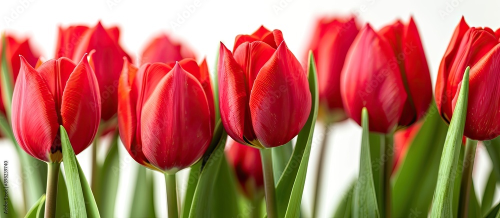 Poster a close up isolated bunch of vibrant red tulips on a white background ideal for a copy space image w
