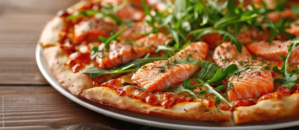 Poster Delicious restaurant dish featuring salmon and arugula on a pizza with a visually appealing presentation for a food enthusiast complete with copy space image