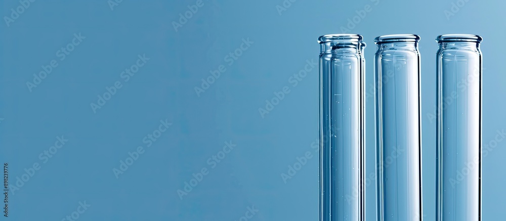 Aufkleber Close up of a set of glass lab test tubes on a blue background with copy space image