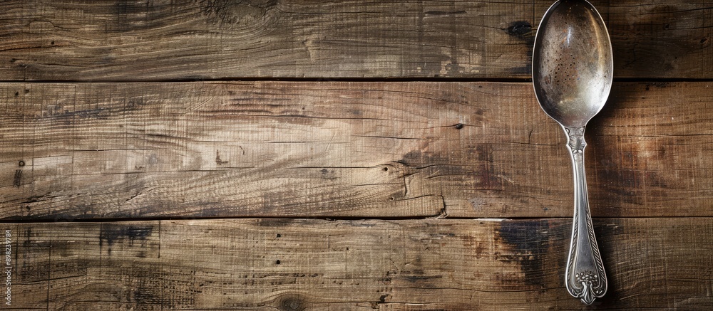 Aufkleber cooking concept illustrated with a spoon resting on a wooden surface showing a rustic texture with a