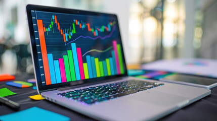 Laptop with market chart on screen. Business and finance concept. Analyzing growth, investment strategy, financial data on computer monitor for trading success.