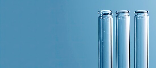 Close up of a set of glass lab test tubes on a blue background with copy space image