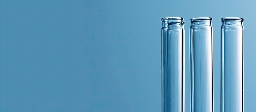 Close up of a set of glass lab test tubes on a blue background with copy space image