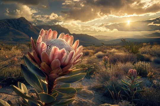 Protea bloom in a desert landscape, Stunning protea flower thriving in the desert, symbolizing resilience and natural elegance, AI generated
