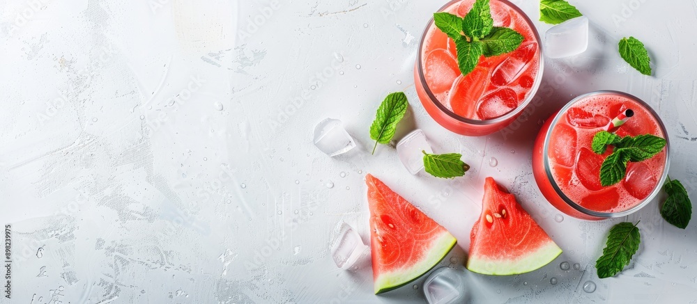 Aufkleber Cold watermelon juice with ice and mint in a glass beside two watermelon slices on a white background creating copy space image