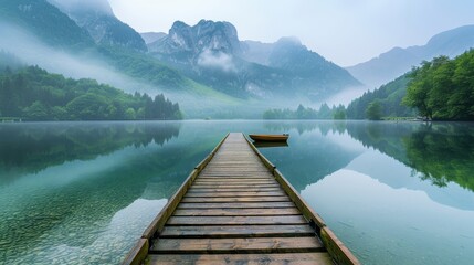  A boat atop a wooden pier facing a body of water Mountain range in background