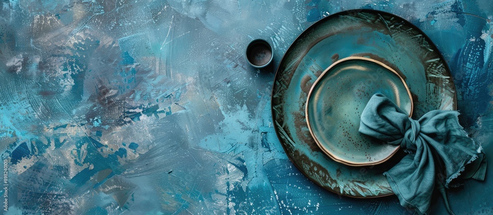 Leinwandbilder a blue concrete background showcases a table setting including a plate and napkin seen from a top do