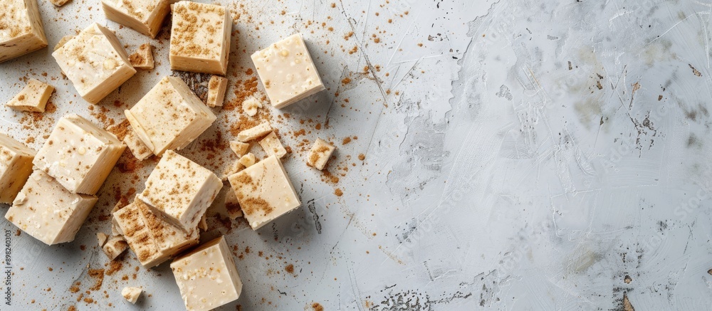 Poster top down view of delectable halva pieces on a light gray surface with ample copy space image availab