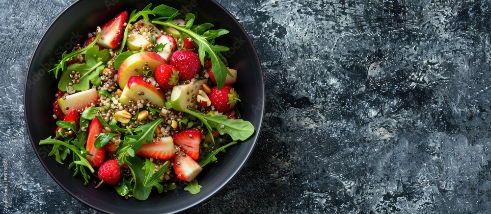 Poster apple salad with strawberries buckwheat and greens in a black bowl on a dark granite surface with co