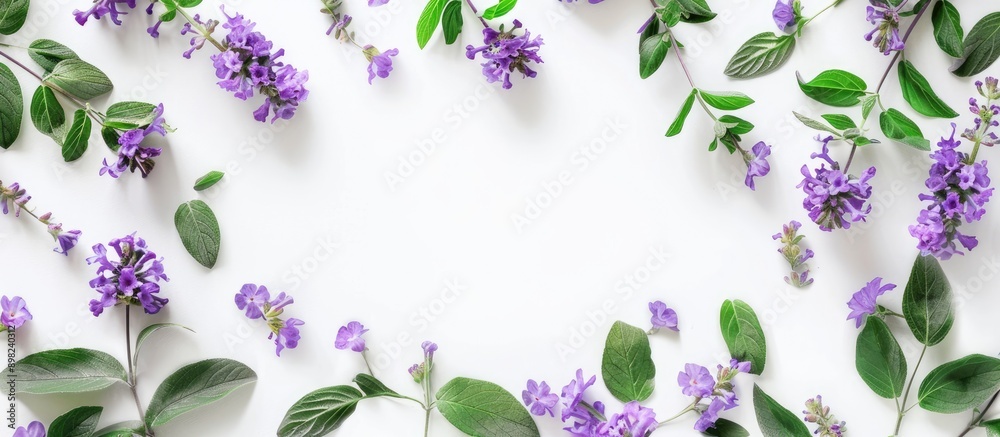 Aufkleber aesthetic arrangement of purple flowers and green leaves in a circular pattern on a white backdrop c