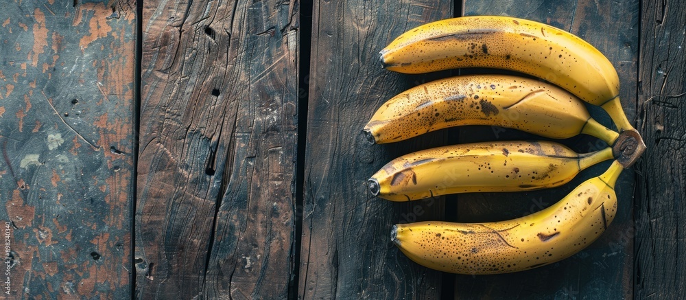 Poster bananas that are ripe placed on a wooden backdrop with ample copy space image available