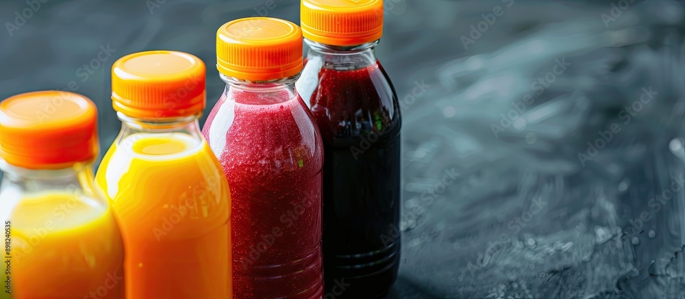 Poster detox program featuring smoothies made with fruit and vegetable juices served in plastic bottles and