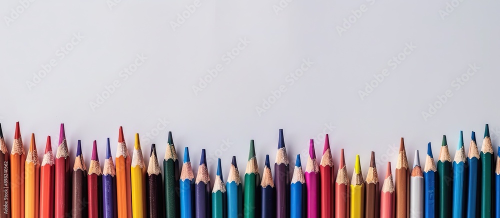 Poster colorful pencils and school supplies arranged in a frame on a white background with room for text or
