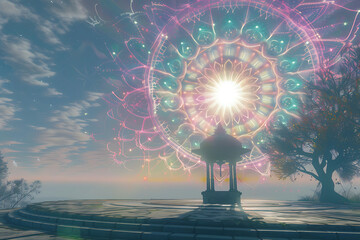 An illustration representing the Shambhala Awakening System, a spiritual practice focusing on enlightenment, inner peace, and personal growth. The scene depicts serene imagery and symbols associated w