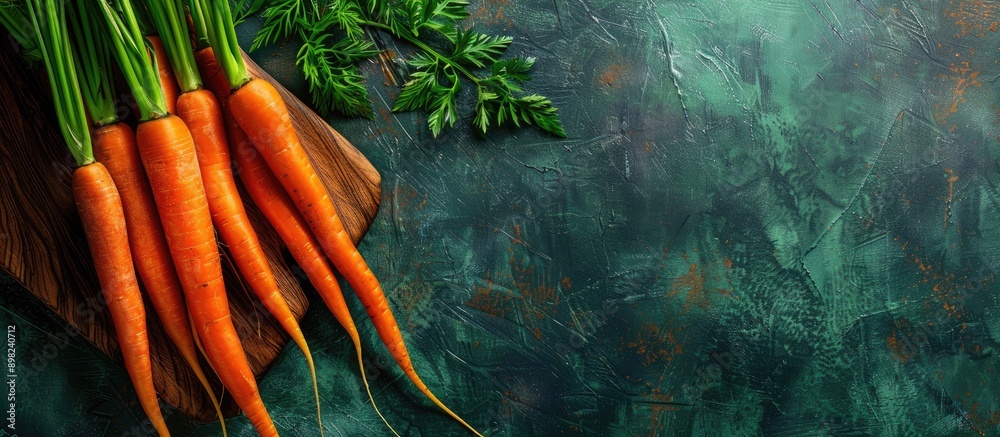 Poster carrots on a wooden board against a textured green backdrop with copy space image