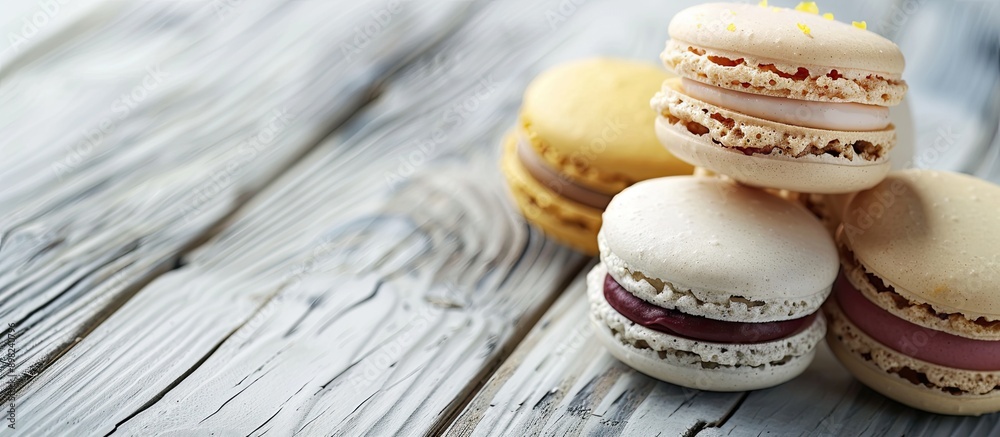 Aufkleber close up of tasty macarons on a white wooden backdrop with room for text ideal for a copy space imag