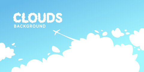 The plane takes off from the clouds. Fluffy clouds. Cartoon clouds in a blue sky. Cute vector illustration for creativity. Background for illustration.
