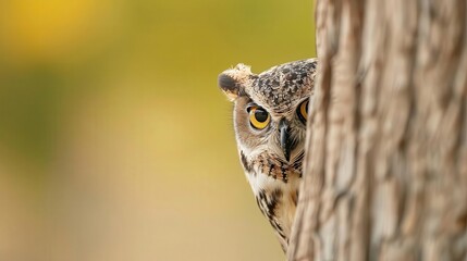 Obraz premium Close-up shot of an owl peeking from behind a tree with a blurred background. Perfect for nature and wildlife themes.