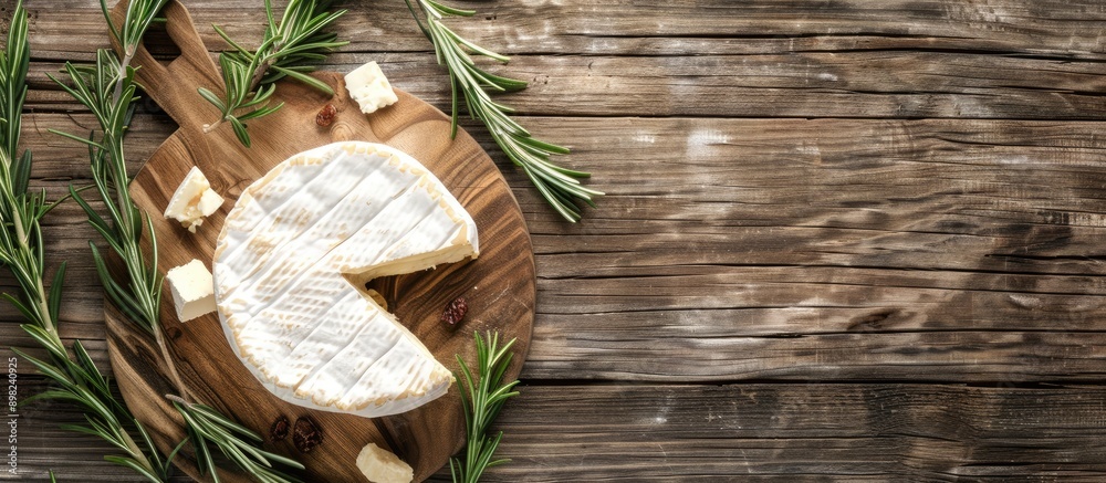 Poster top view of brie cheese on a wooden backdrop with free copy space image available