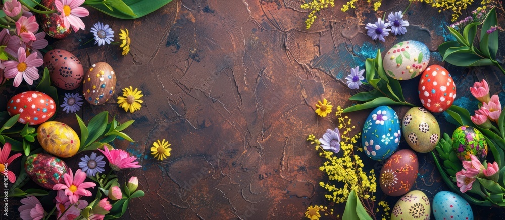 Aufkleber Top down view of Easter themed background featuring eggs spring flowers and a blank space for adding text or images. Creative banner. Copyspace image