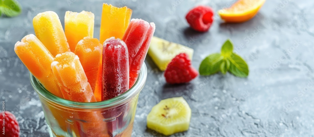 Poster assortment of frozen fruit puree sticks for a healthy summer concept baby food displayed in a glass 