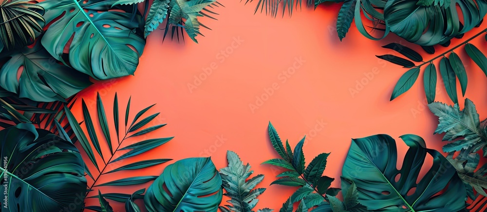 Leinwandbilder colorful background with tropical leaves in a flat lay composition with space for text in the image.