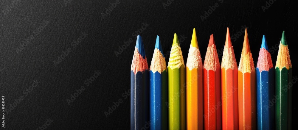 Poster colorful pencils displayed against a black backdrop with copy space image
