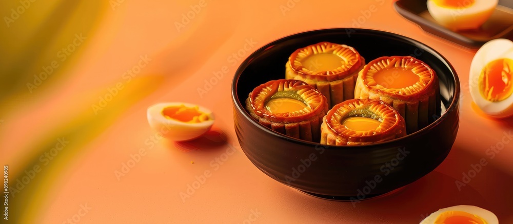 Poster classic moon cake with a filling of green beans and salted eggs shown in a copy space image