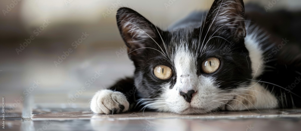 Poster Detailed close up image of a cat s black and white face resting on floor tiles with ample copy space image