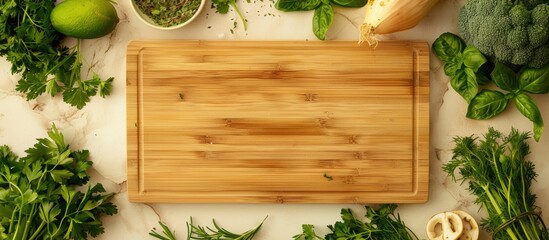 A bamboo cutting board displaying fresh culinary herbs and green leafy vegetables is an ideal background for images related to nutrition food health cooking diet and weight loss with copy space